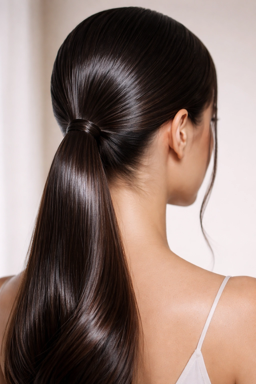 Close-up of glass hair low pony with mirror-like shine