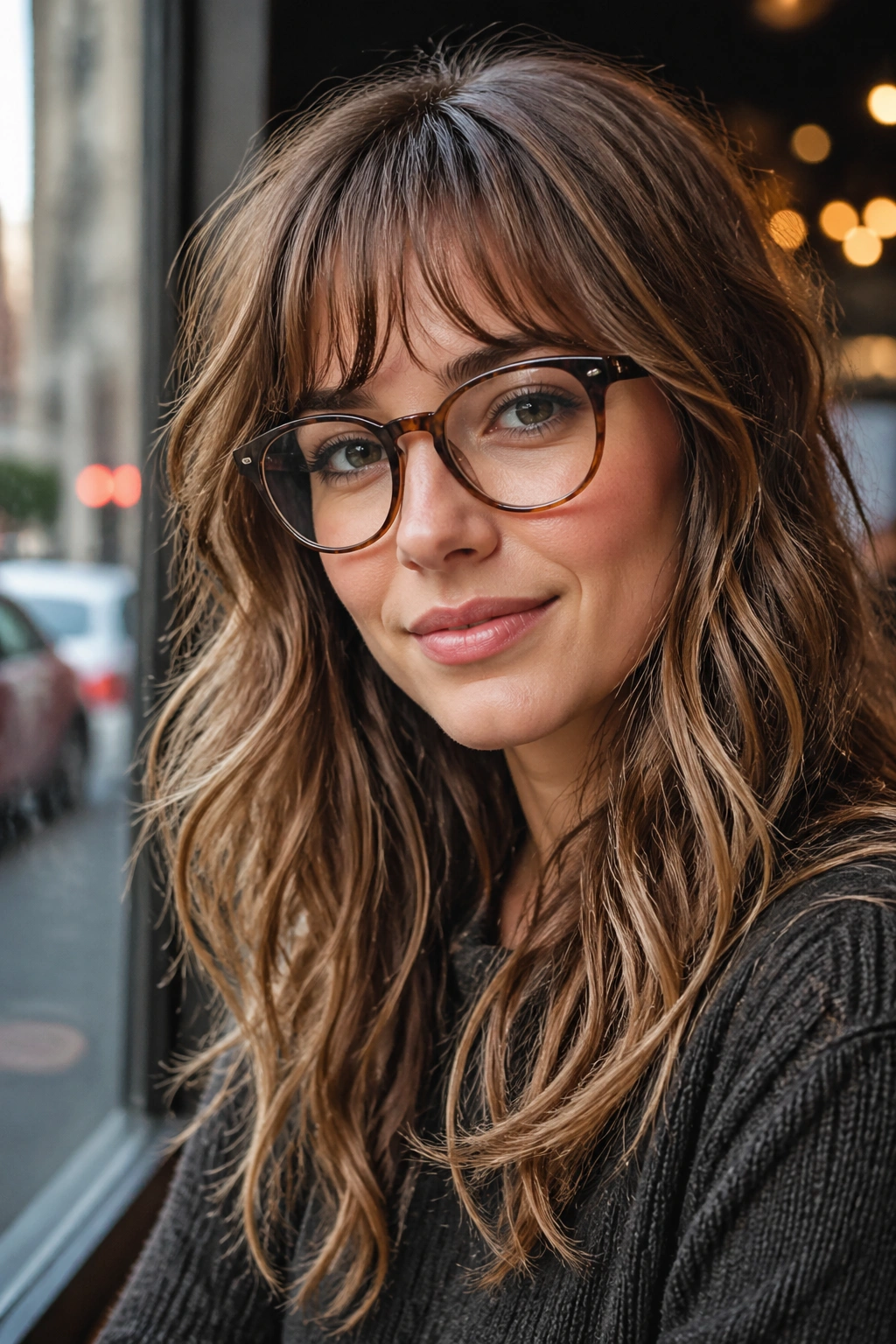 Close-up portrait of a real person wearing glasses with airy fringe and wavy hair