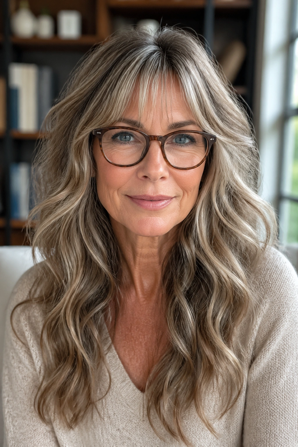 Close-up portrait of a real woman with glasses and long layered waves with a light fringe.