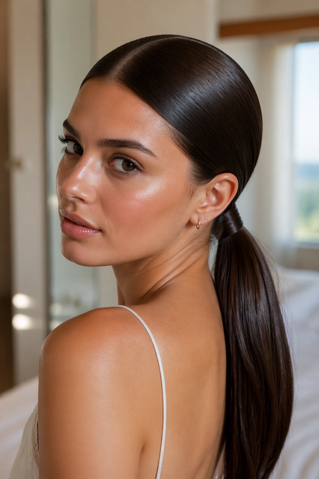 Close-up of a real woman's head with a glassy low ponytail at the nape