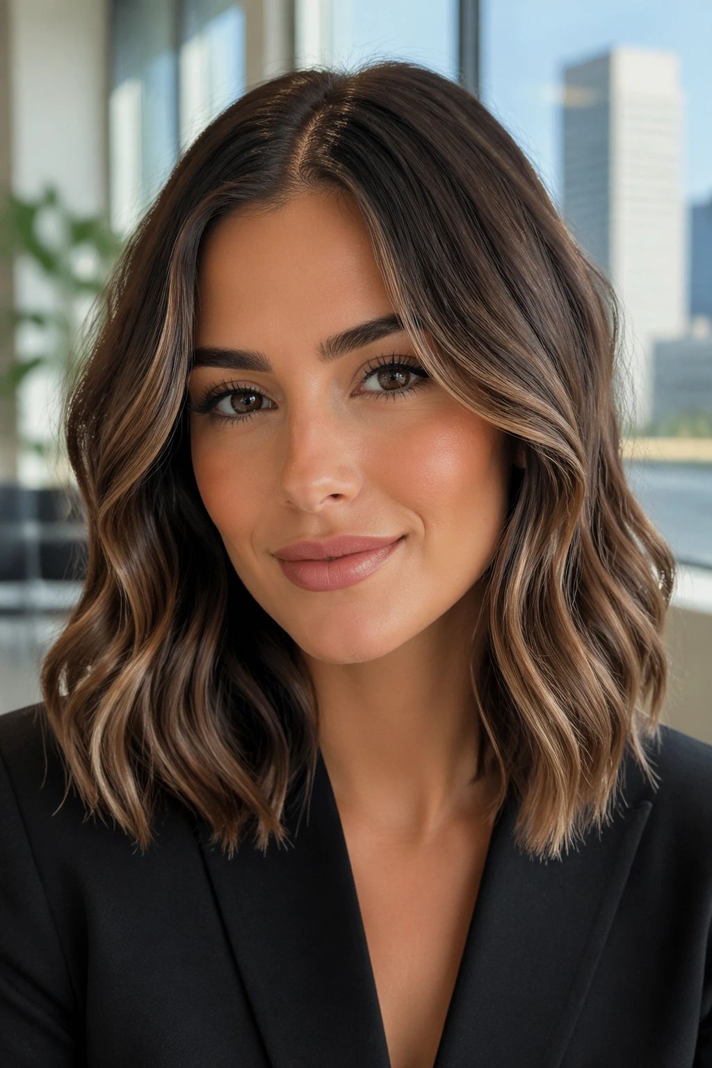 Close-up of a real woman with glassy S-wave lob hairstyle, glossy smooth waves