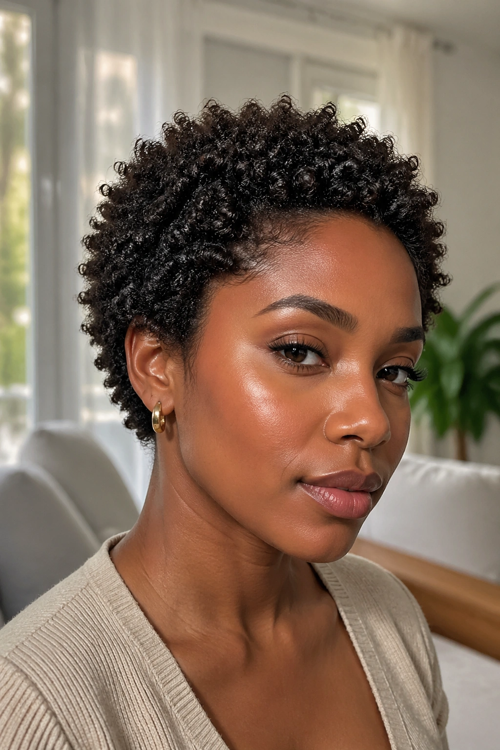 Close-up of a real woman with a glazed finish small Afro