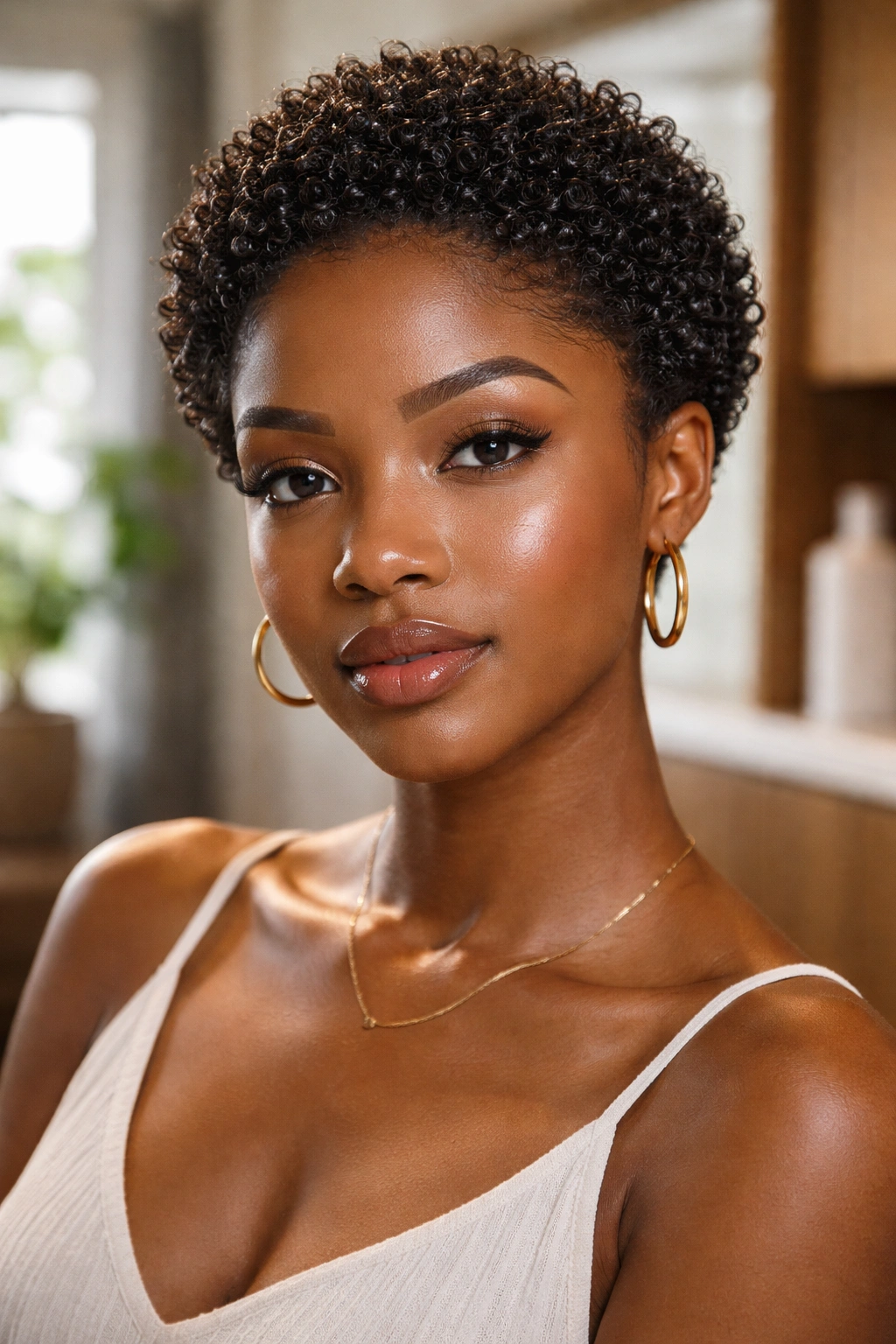 Close-up of a real person with a glazed wet-to-dry small afro showing glossy coils.