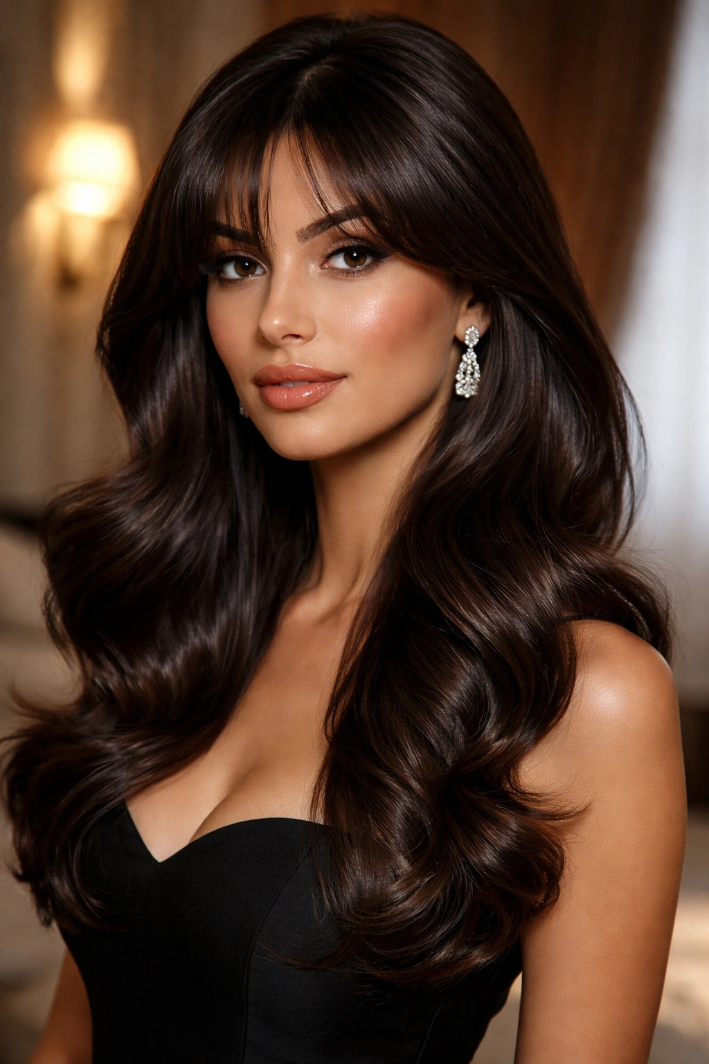 Close-up portrait of a real woman with glossy dark brunette hair and old-Hollywood shaped waves.