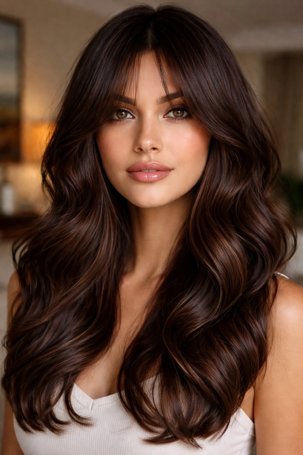 Real woman with glossy cocoa waves and cheekbone curtain bangs.
