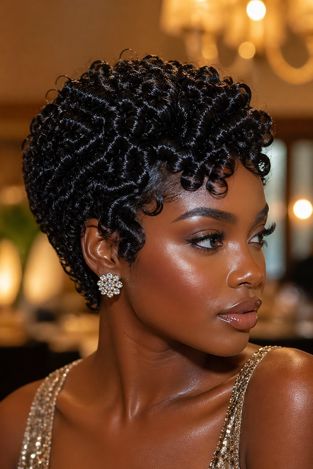 Portrait of glossy defined coils on short natural hair for a special occasion