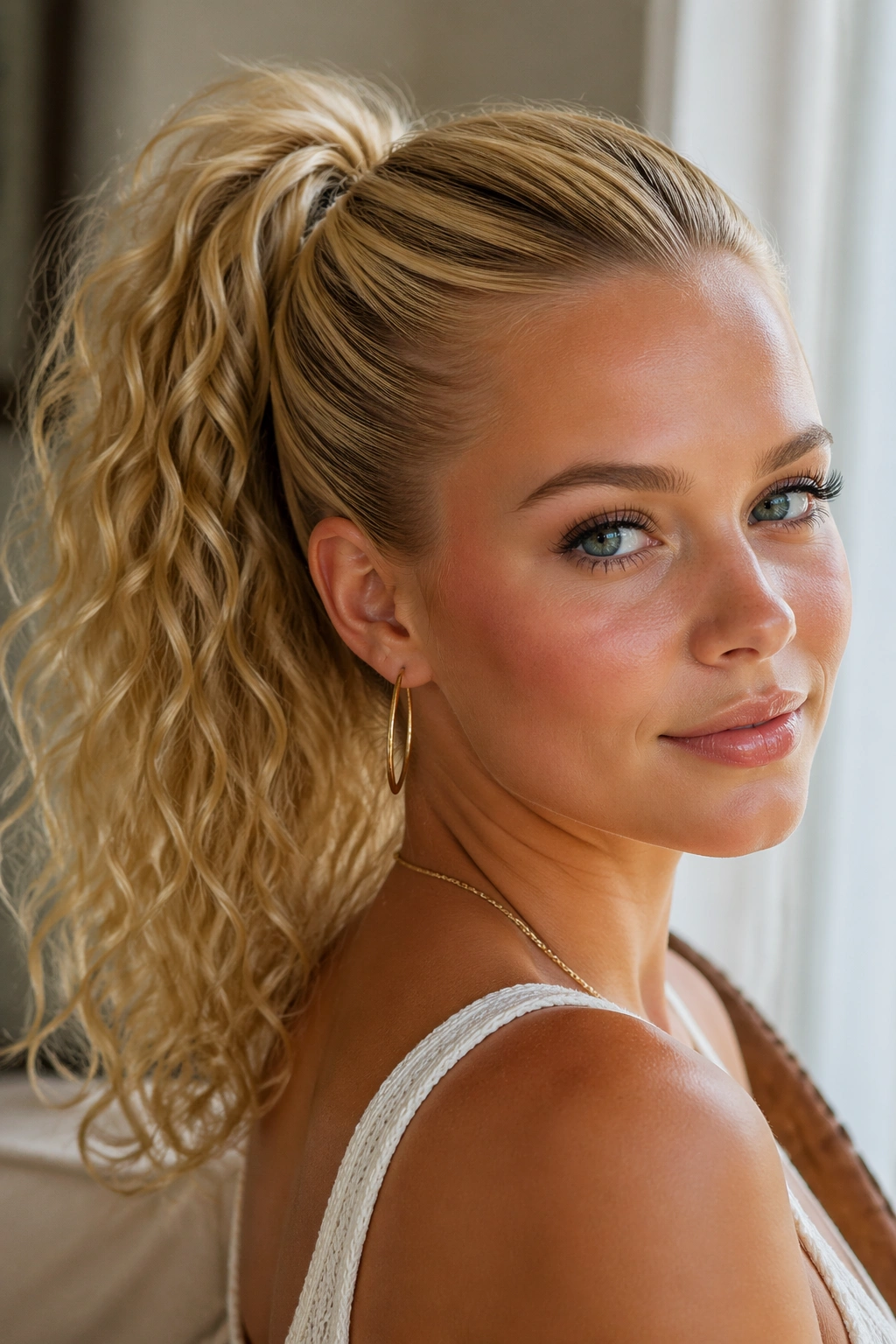 Close-up of a real woman with a glossy crown and textured blonde ponytail