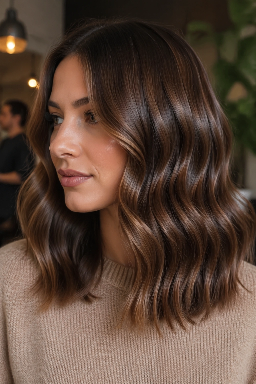 Close-up of a real woman with glossy S-wave lob and polished shine
