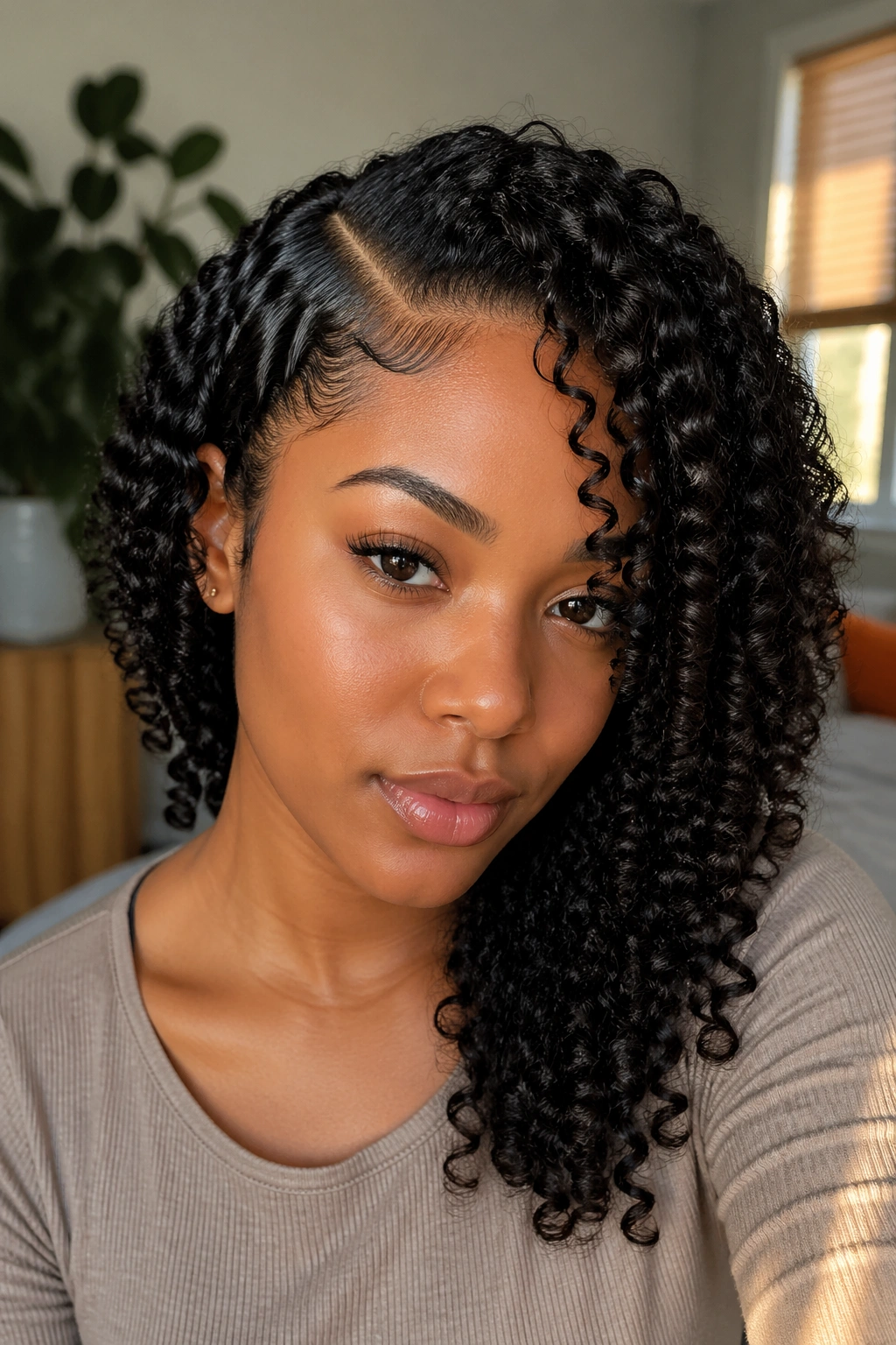 Close-up of a real woman with glossy side-parted curls
