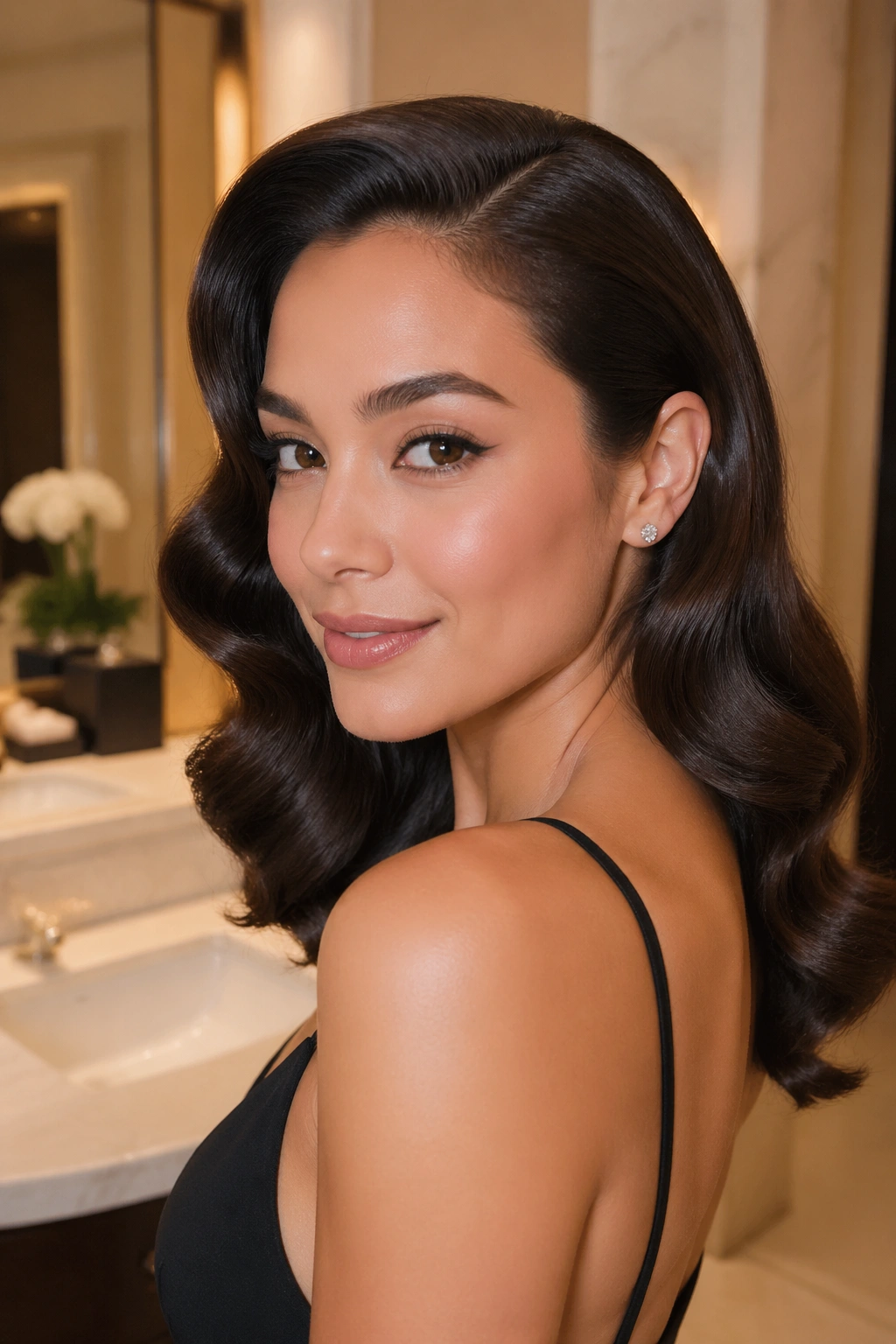 Close-up of woman with glossy old-Hollywood side waves and tucked ends