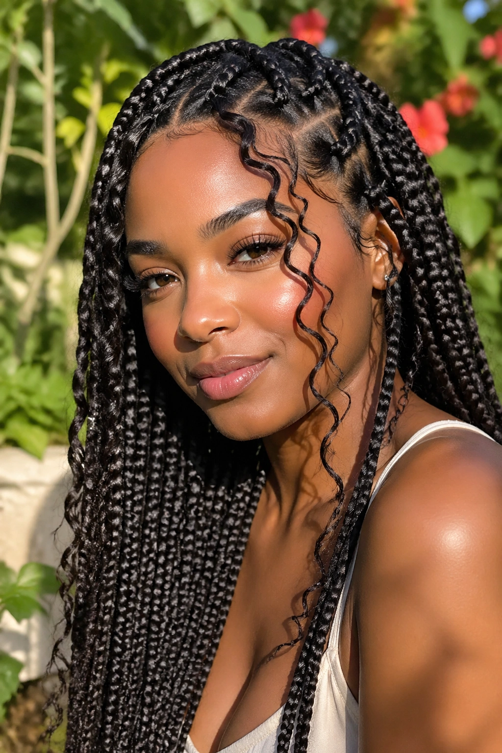 Close-up of a real woman with goddess long box braids and face-framing curls
