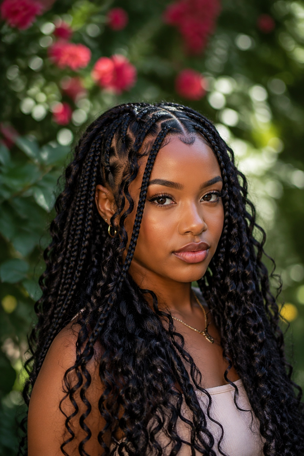 Close-up of a real person with goddess box braids and curly ends