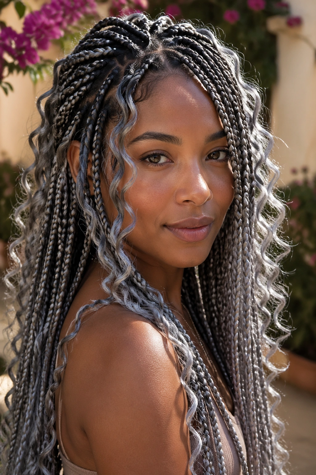 Real person wearing goddess box braids with loose grey curls in a sunlit courtyard.