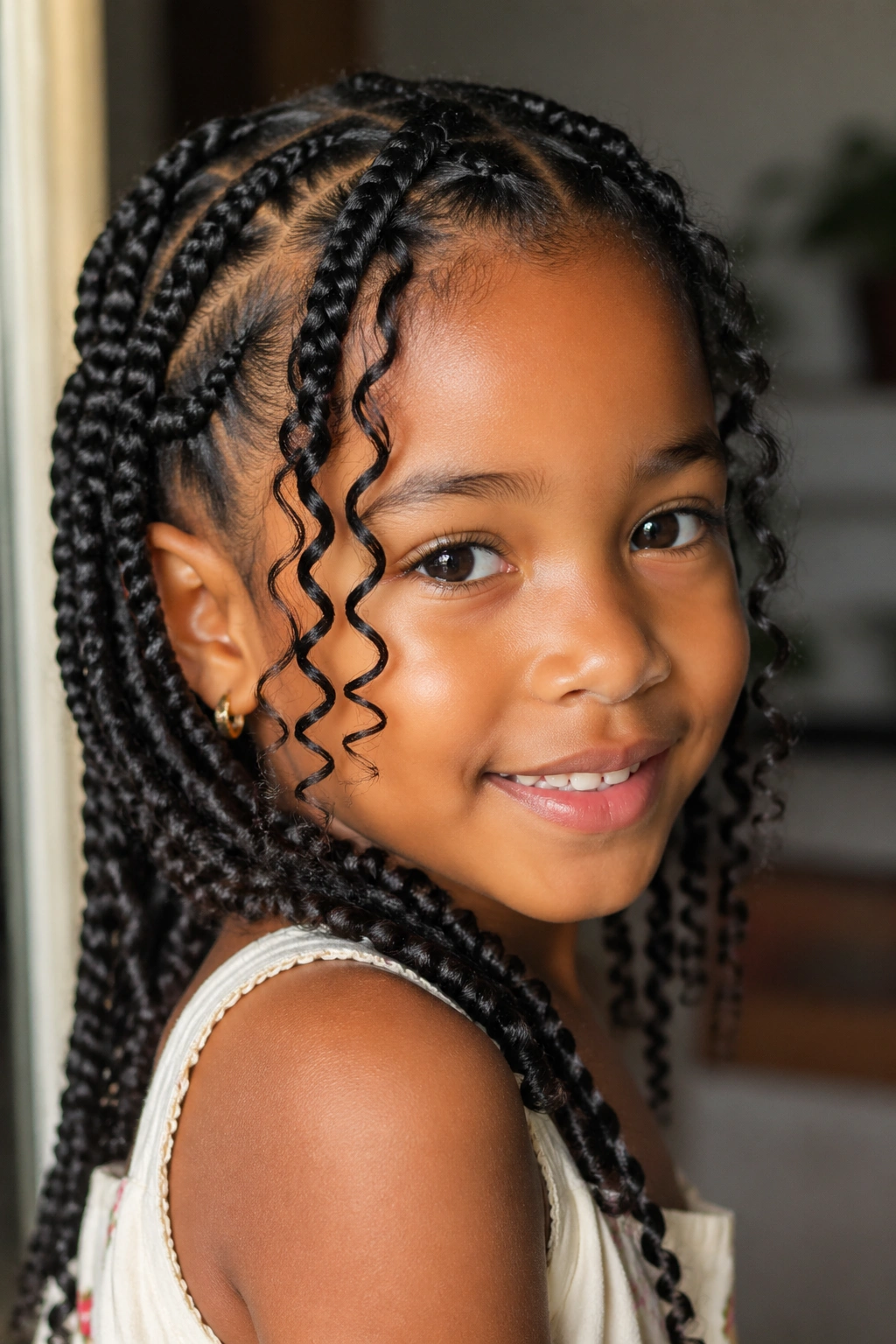 Close-up of a young girl wearing goddess box braids with curls near the face