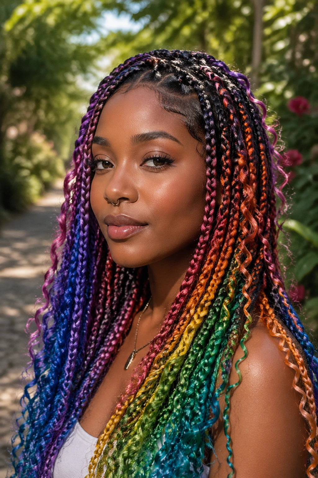 Close-up of a real person with rainbow goddess box braids and loose curls in a sunlit garden