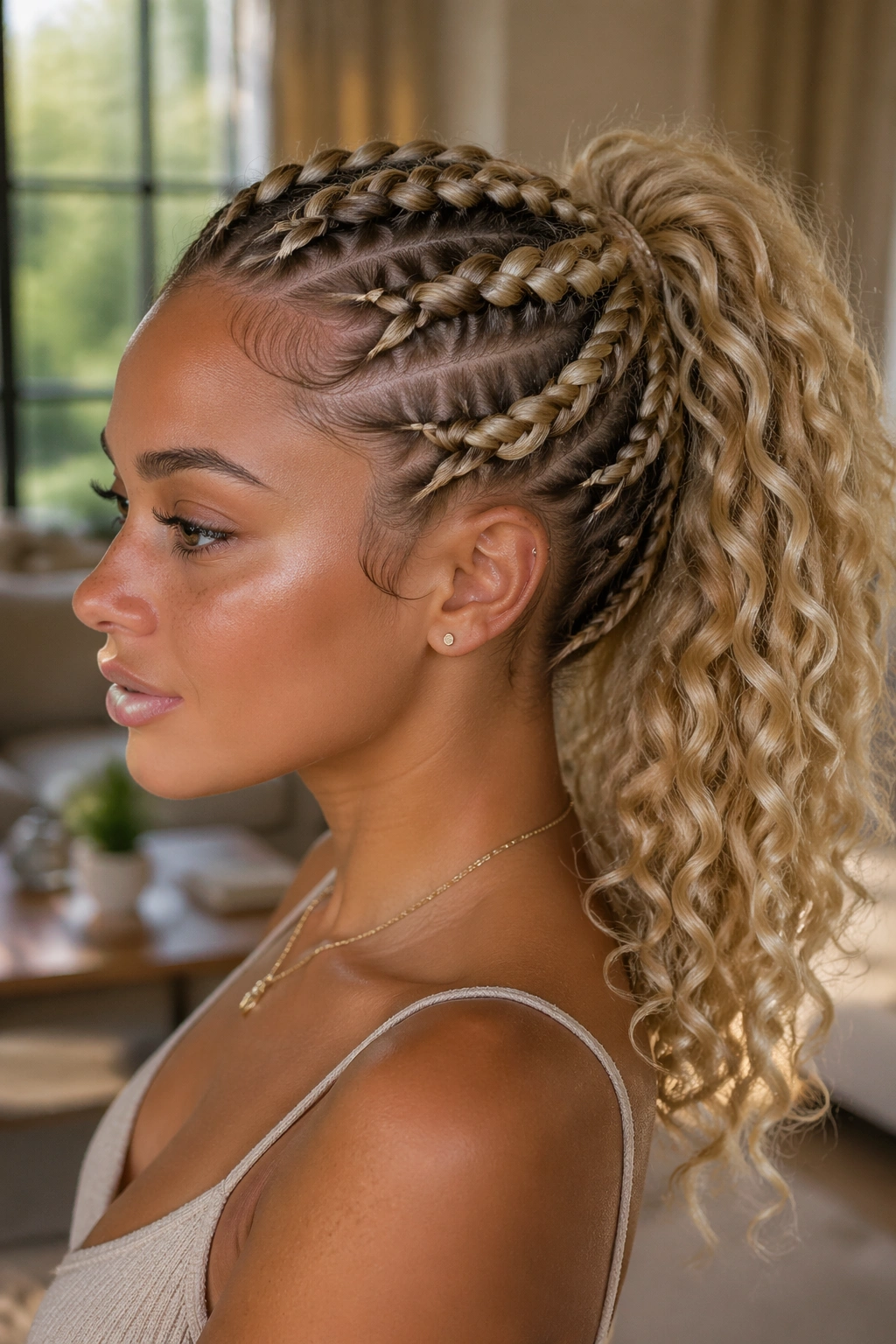 Close-up of a real woman with goddess braids leading to a blonde ponytail in a sunlit living room
