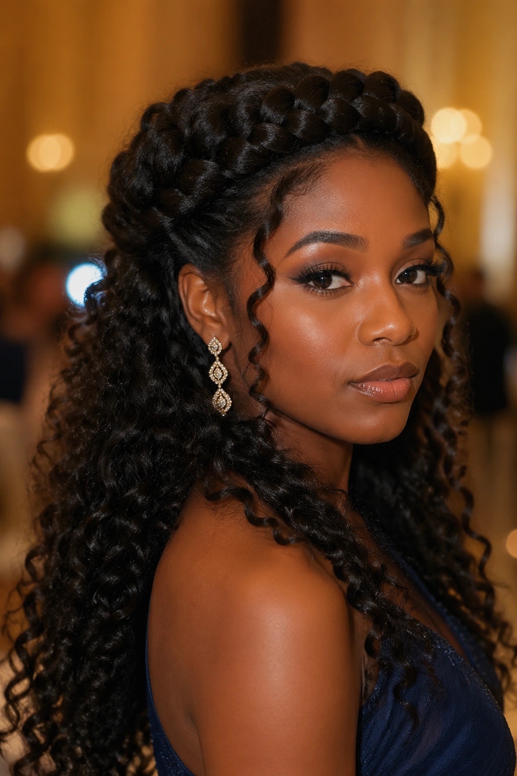 Close-up of a woman with a thick goddess braid crown and flowing curls