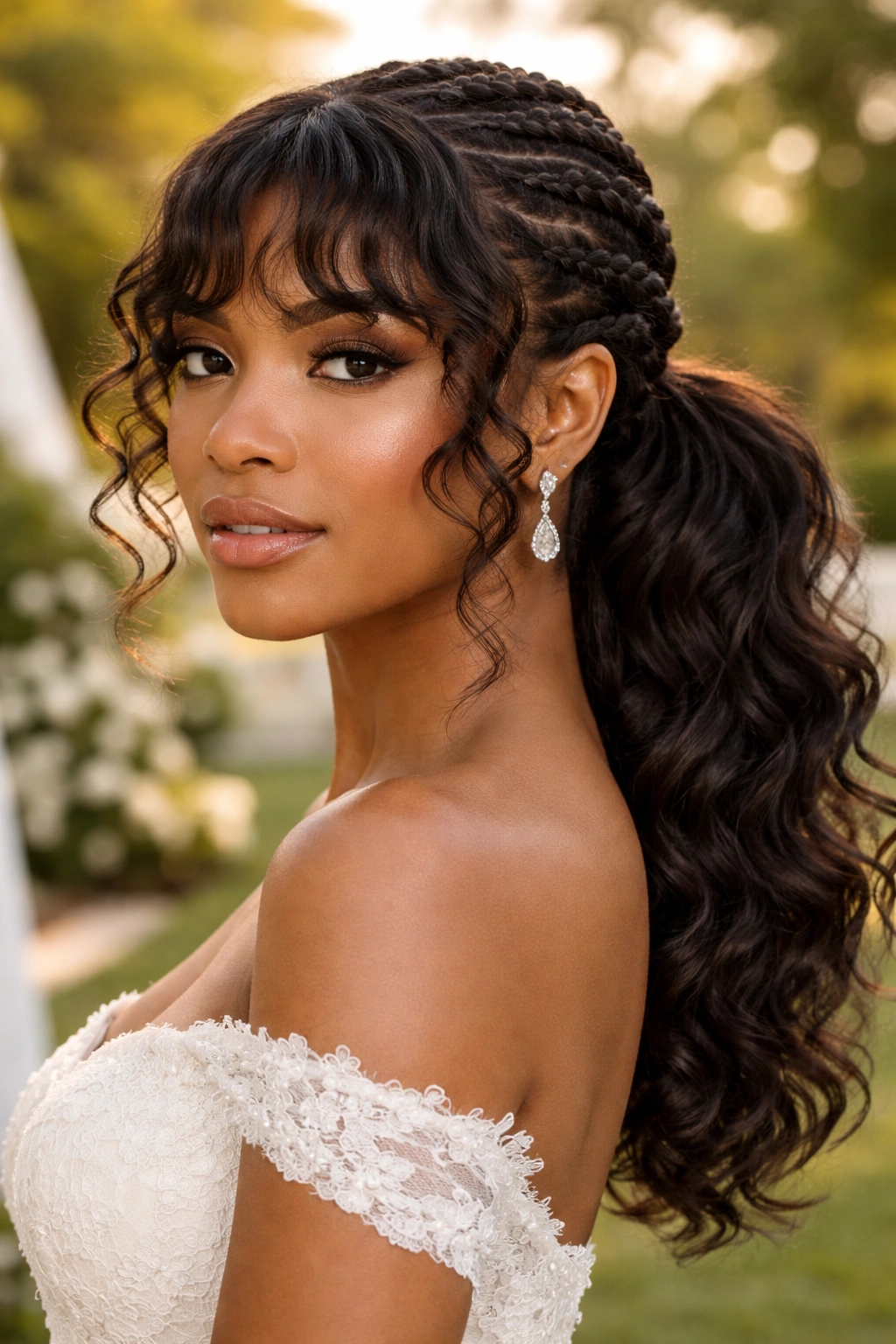 Close-up of a real woman with goddess-braid crown and curly bangs in an outdoor garden wedding