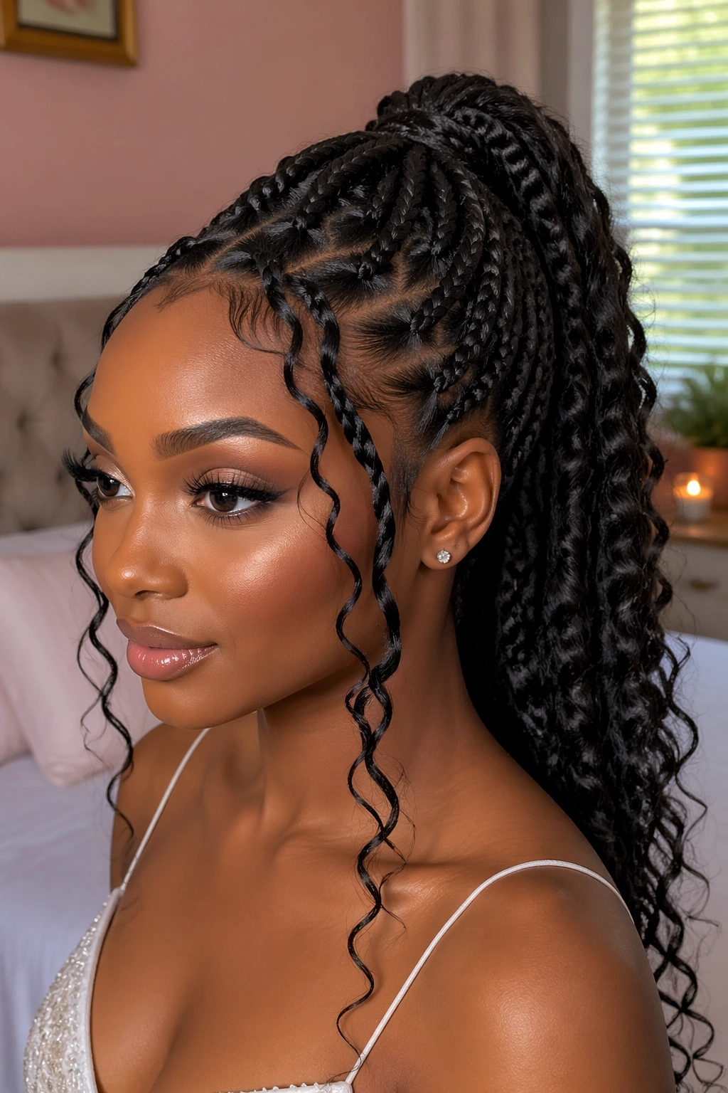 Close-up of a real Black woman with goddess braid ponytail and soft curls