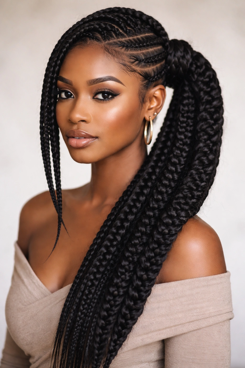 Close-up of a goddess braid side ponytail with large anchor braid and smaller cornrows