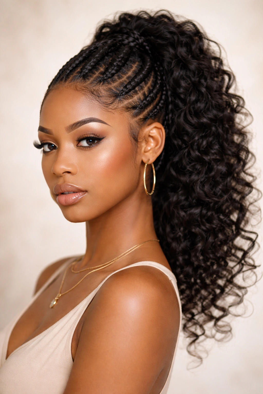 Goddess braided mohawk ponytail with curly ends