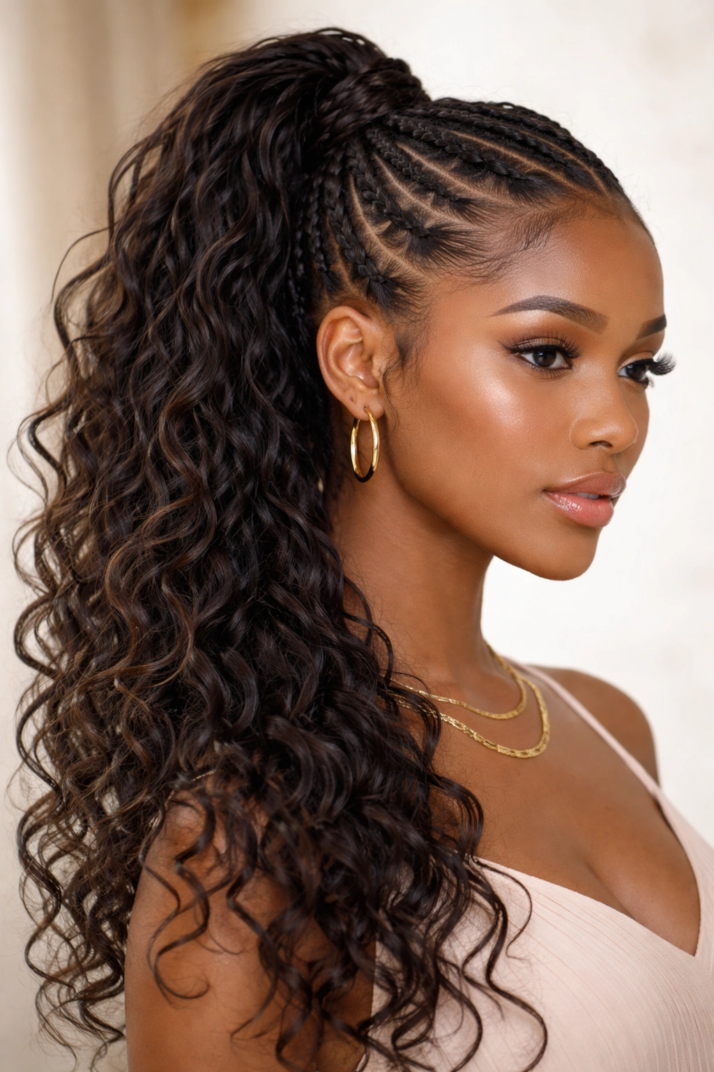 Goddess braided high pony with loose curled strands around the braids.