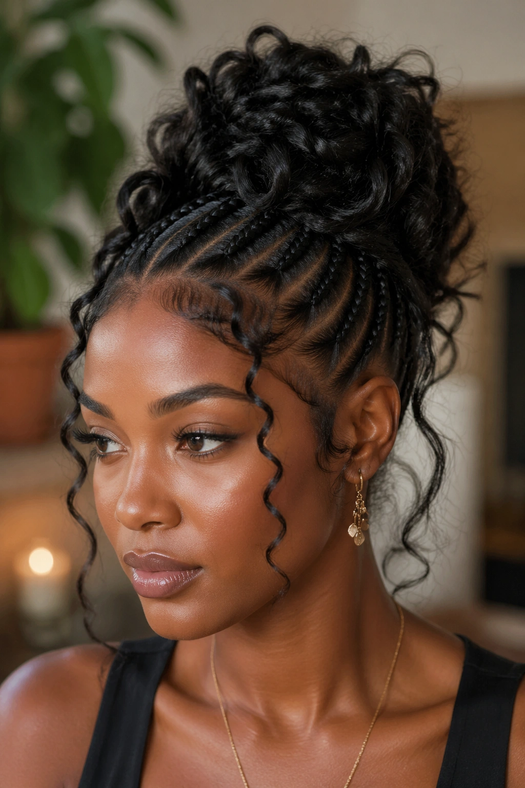 Close-up of real person with goddess cornrow updo featuring braided base and loose curls
