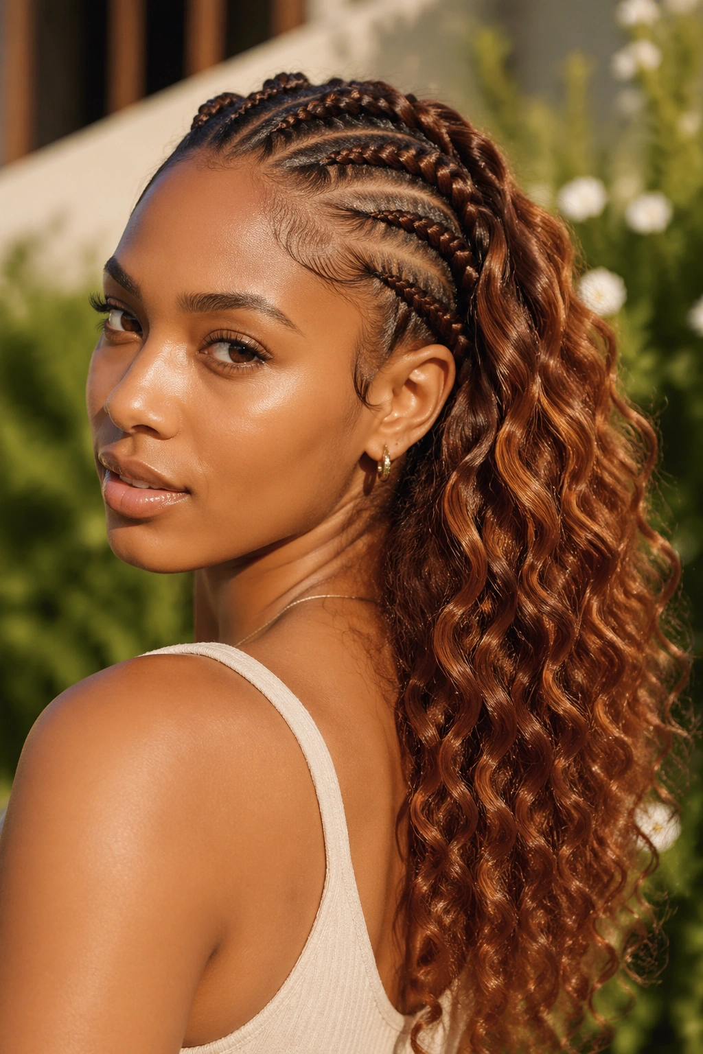 Goddess braids with auburn extensions on a real person