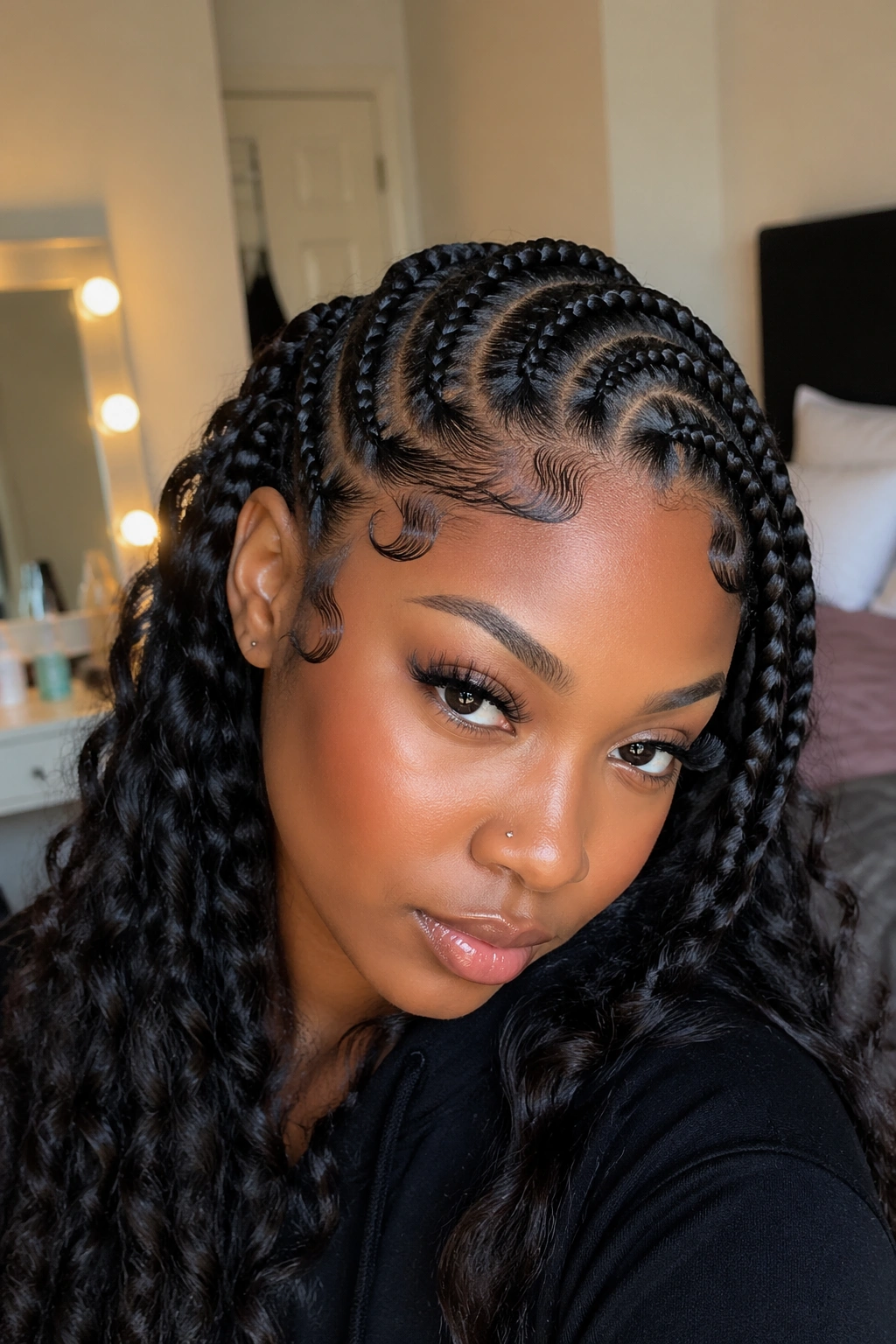 Portrait of woman with goddess braids and styled baby hairs along the hairline