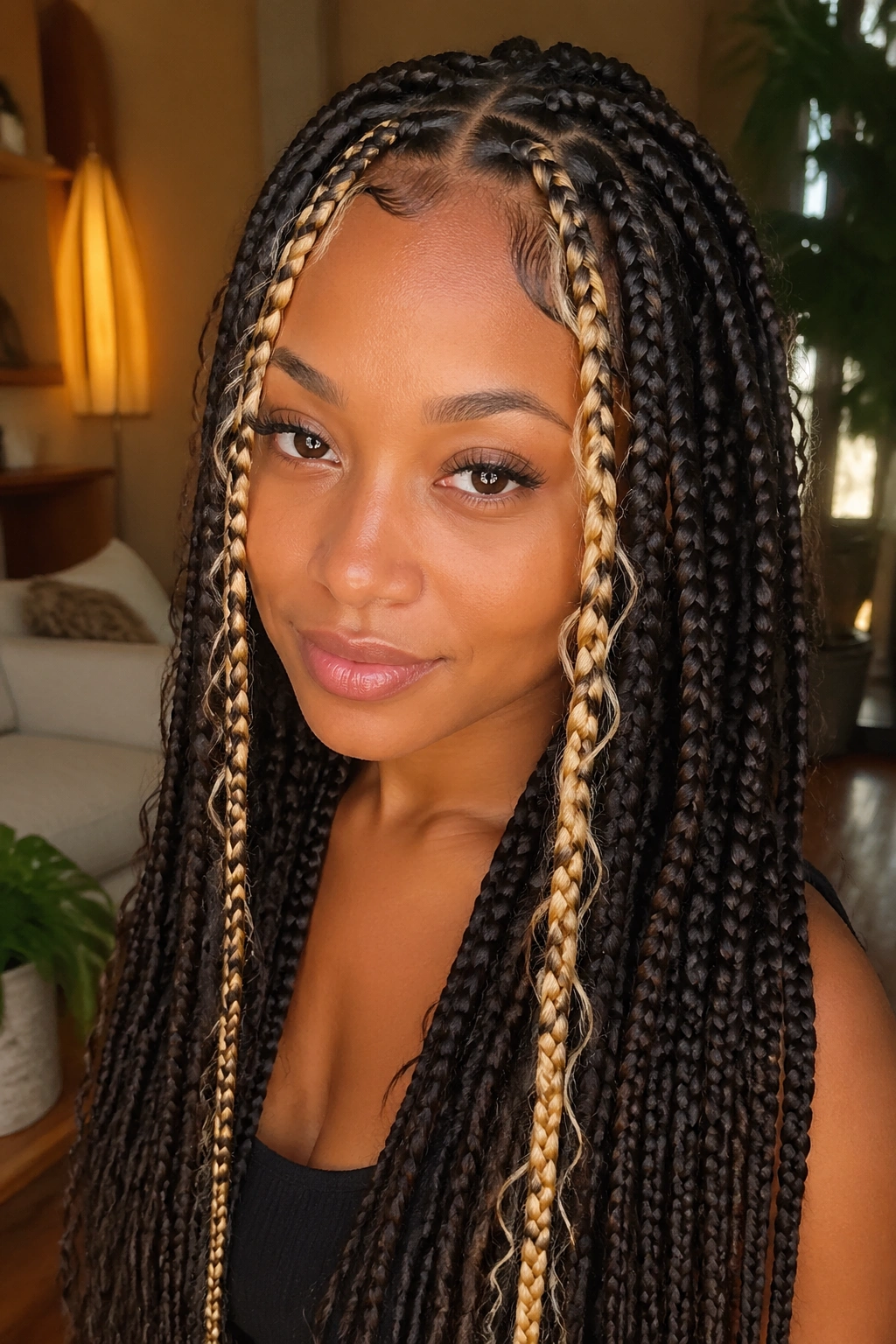 Real woman with goddess box braids and blonde face-framing pieces.