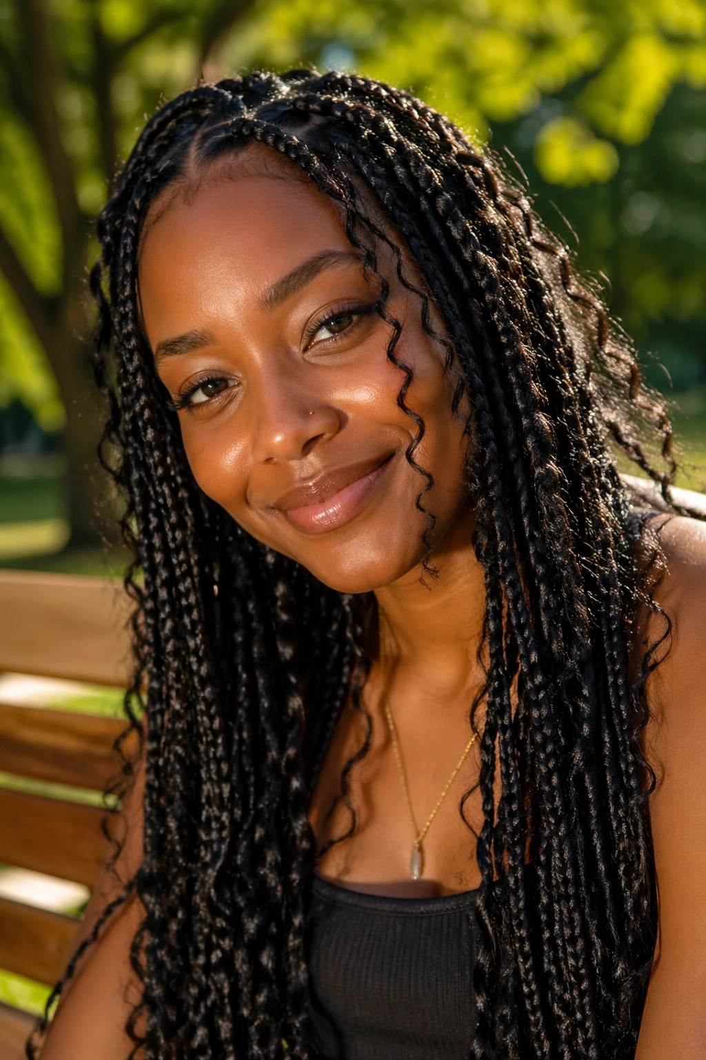 Close-up portrait of a real person with boho goddess braids and loose curls