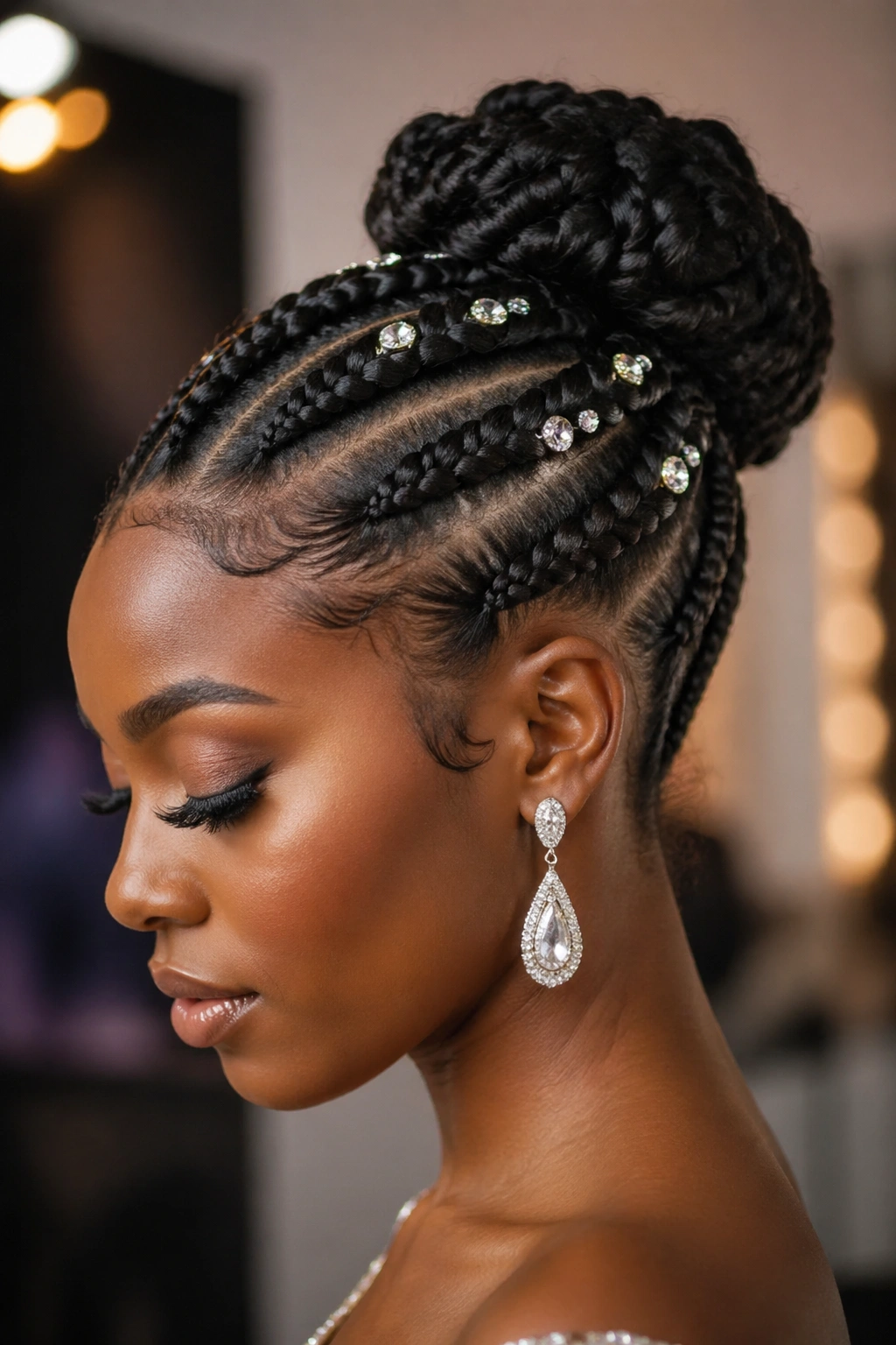 Close-up of goddess braids flowing into a bun on a real woman in a backstage setting.