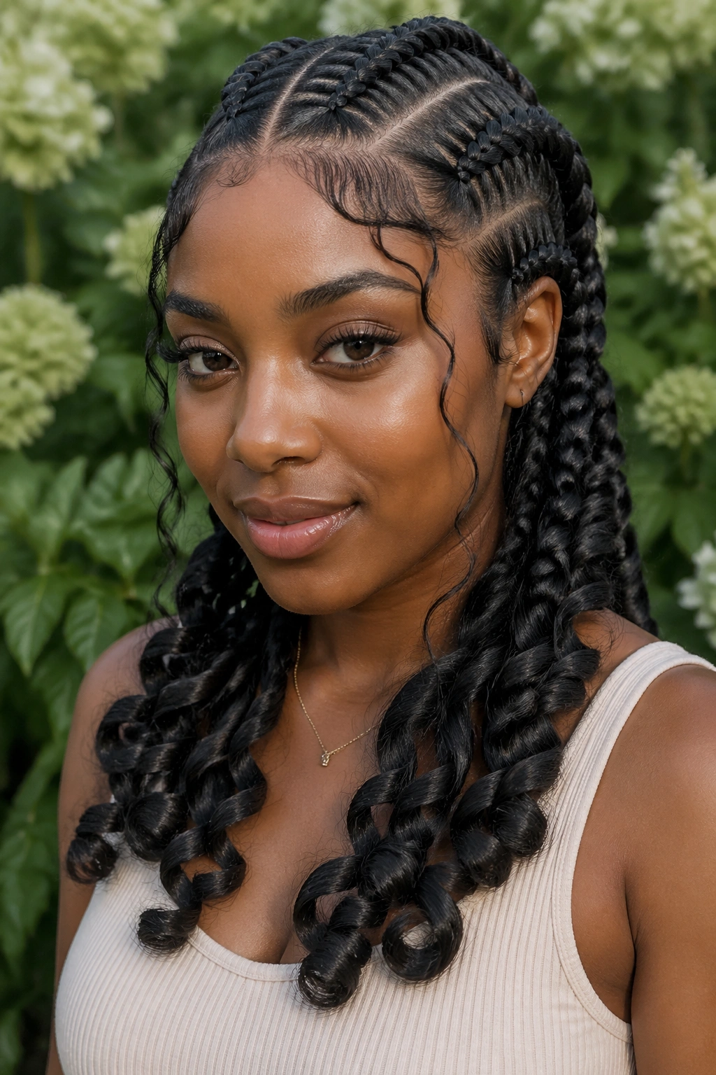 Close-up of a real woman with thick goddess braids and loose curls outdoors