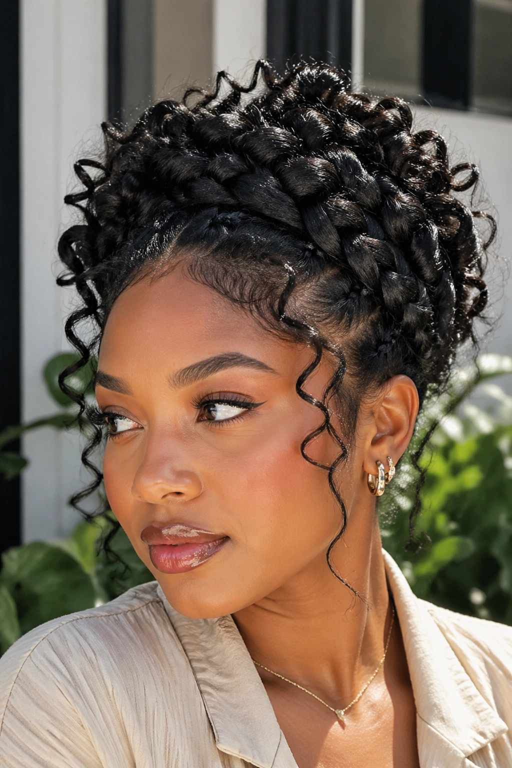 Close-up of a real woman with goddess crown braids and curls weaving through.