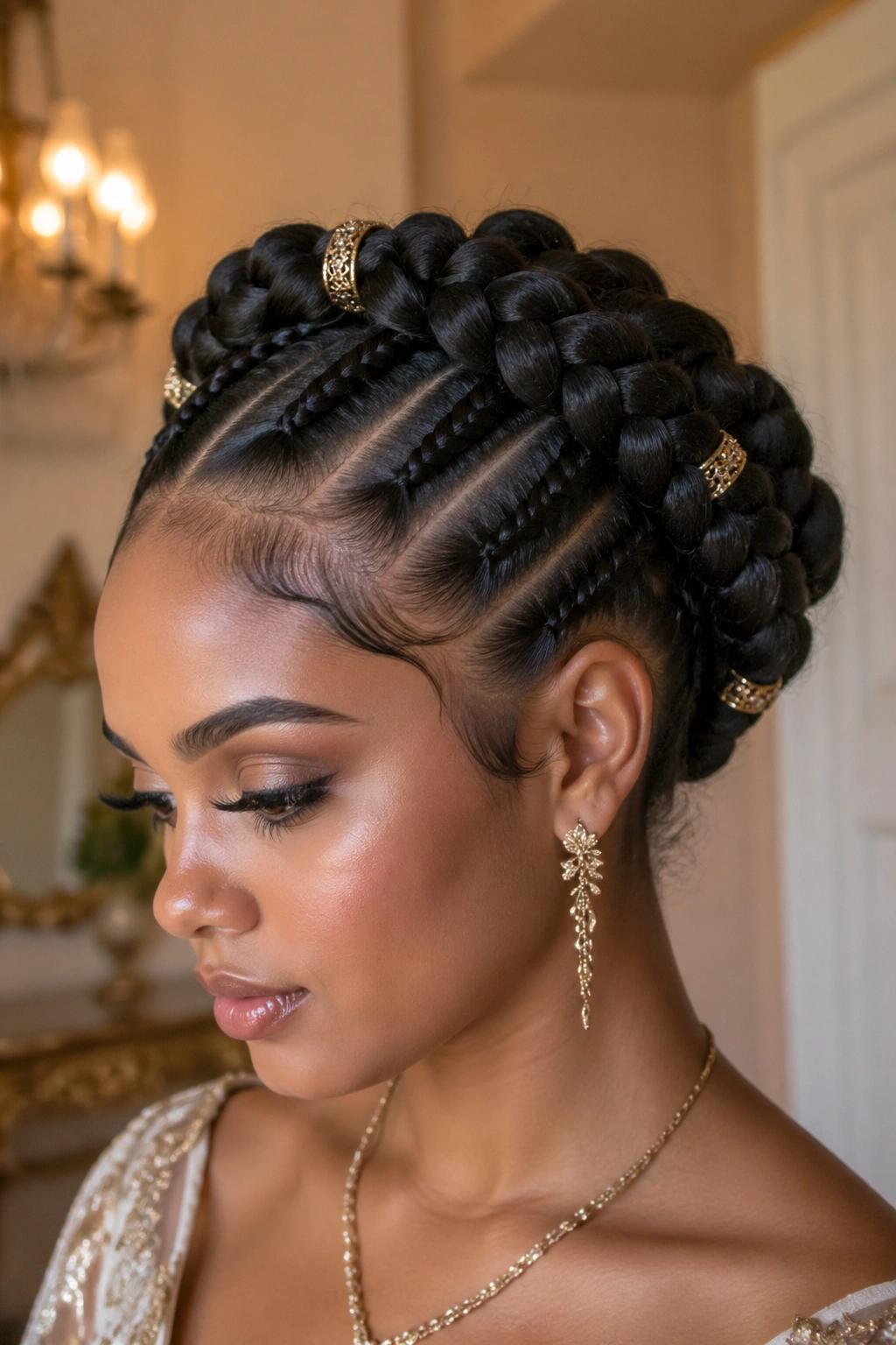 Close-up of goddess braid crown with gold cuffs on a real person
