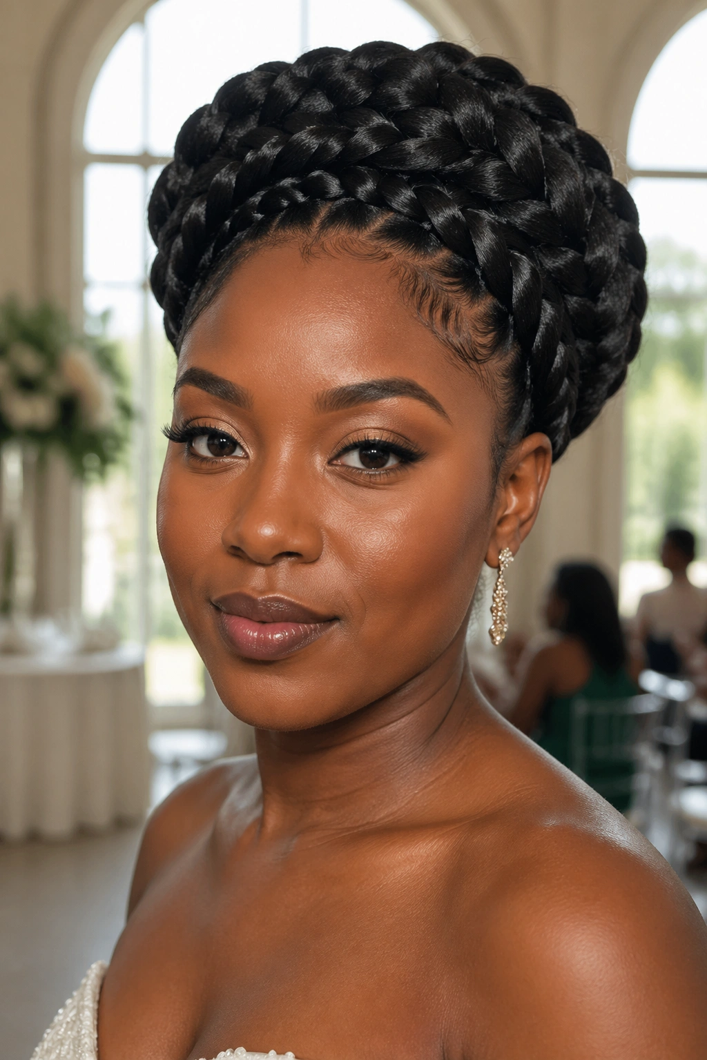 Portrait of a woman with goddess braids crown framing the face