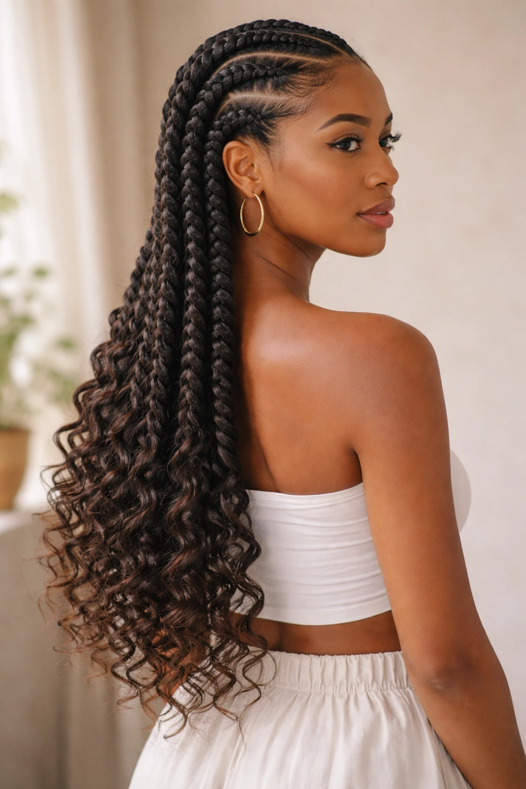 Wide view of goddess braids with curly ends showing calm scalp and soft curls at the ends.