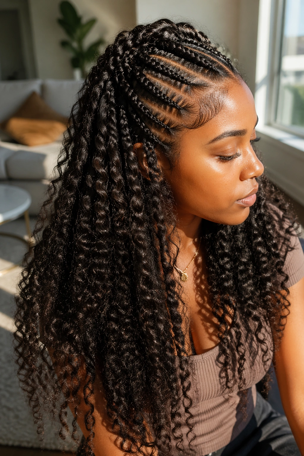 Close-up of a real woman with goddess braids transitioning into curly length
