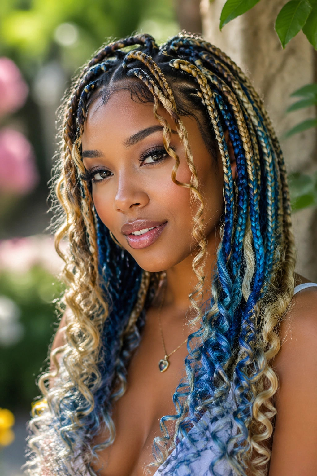Close-up of goddess box braids with blonde and blue curls on a real person.