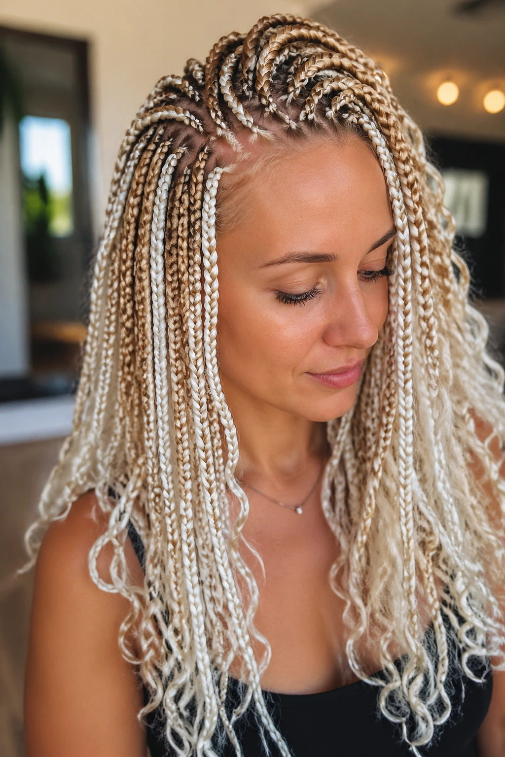 Real woman with goddess box braids featuring curly ends filling the frame.