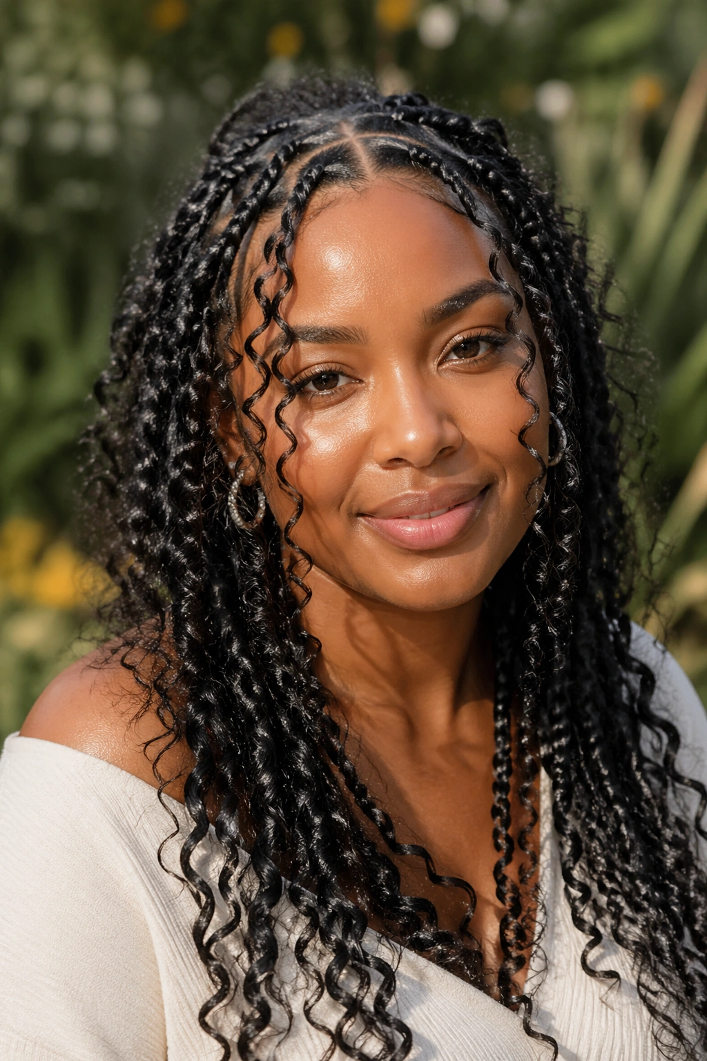 Front-facing portrait of a real person with goddess braids and curly wisps.
