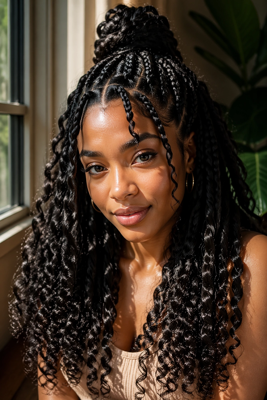 Close-up of a real woman with goddess braids and curly leave-out