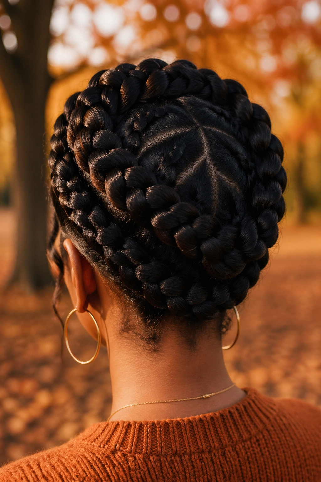Back-of-head portrait showing large goddess braids in autumn light
