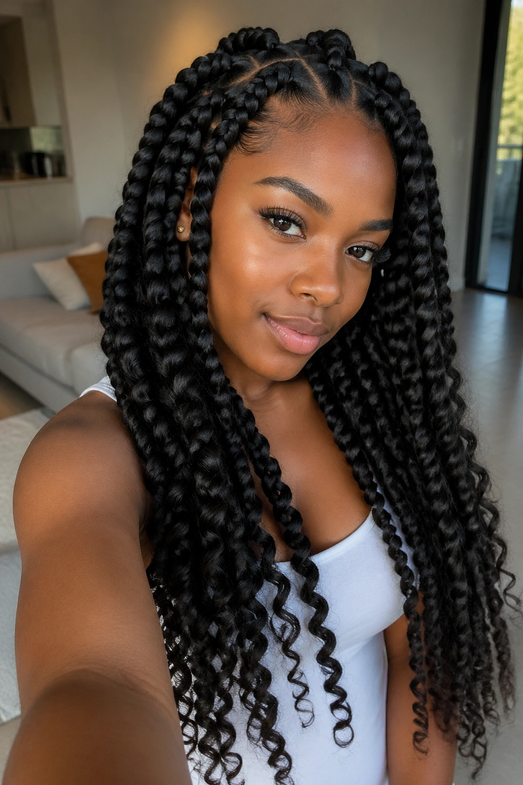 Close-up portrait of a real person with jumbo goddess box braids