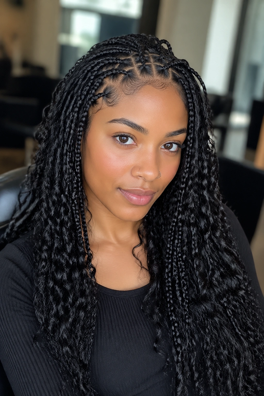 Close-up portrait of a real person with knotless goddess box braids and soft roots