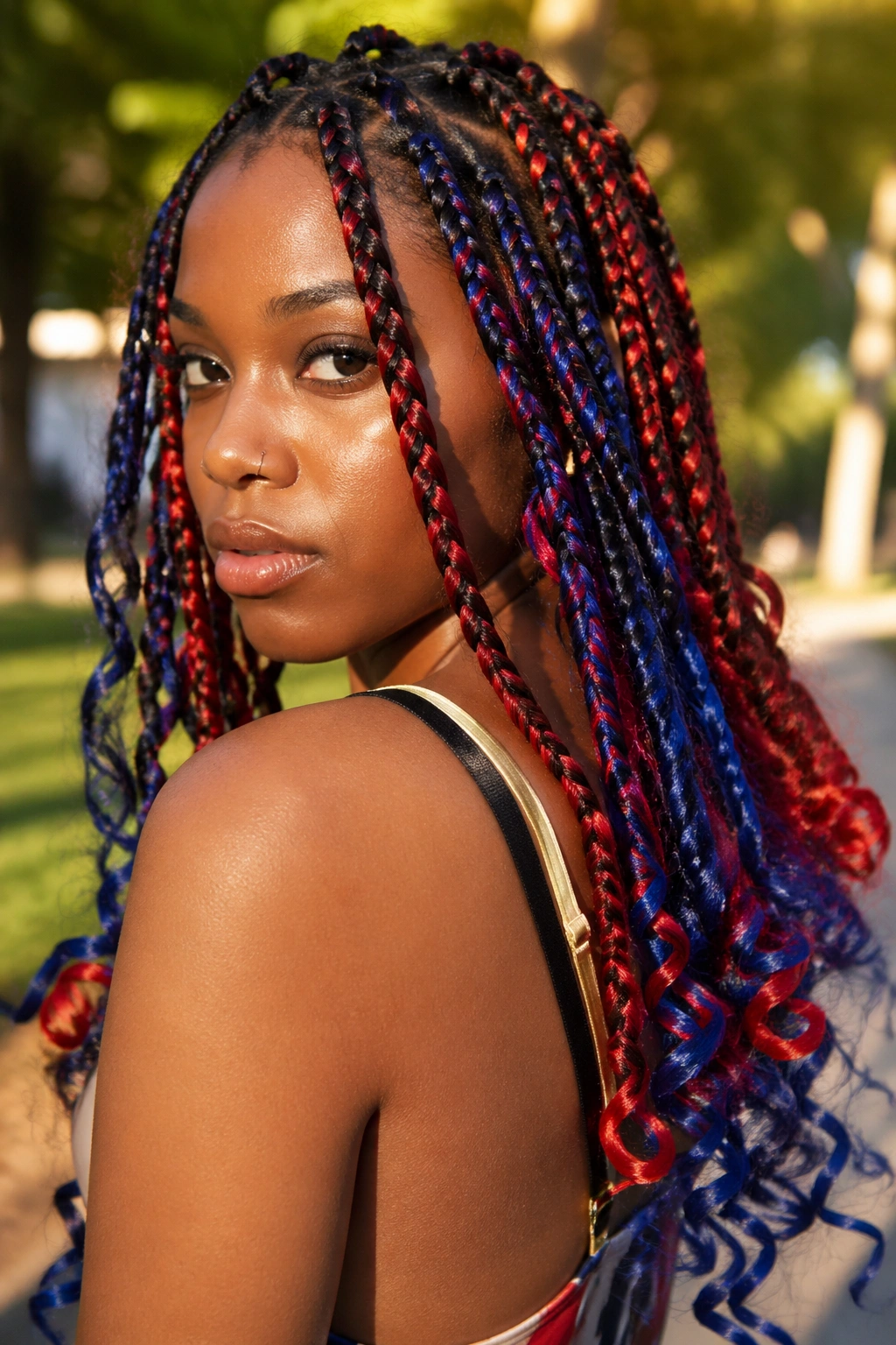 Close-up of a real woman with blue and red goddess braids and loose curls.