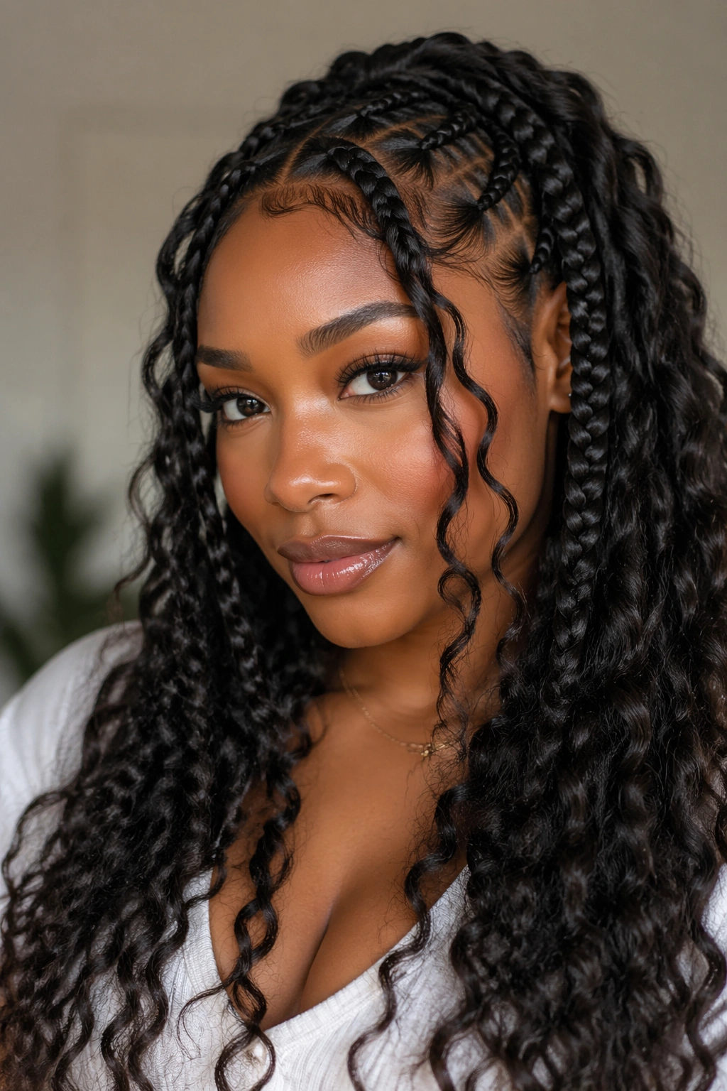 Close-up of goddess braids with loose curls on a real person.