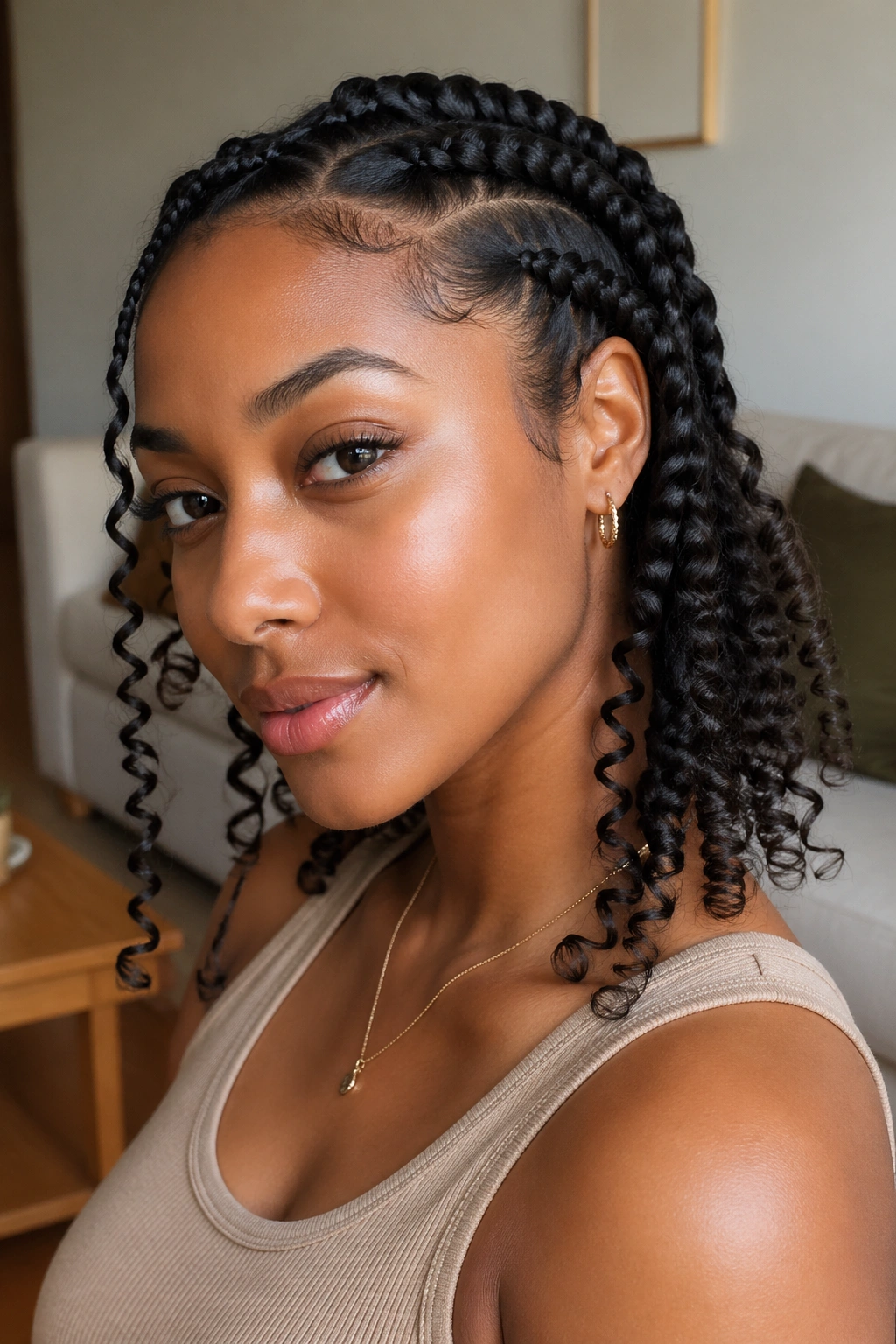 Close-up portrait of a real woman with goddess braids transitioning into loose curls