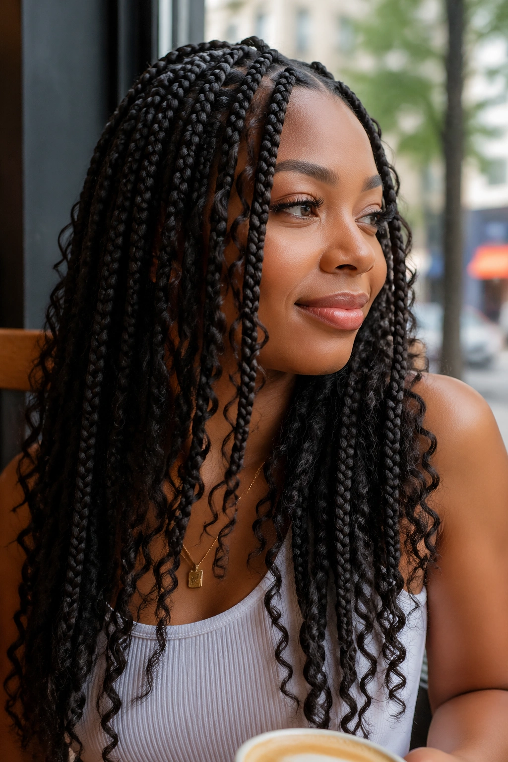 Close-up portrait of a real person with medium goddess box braids