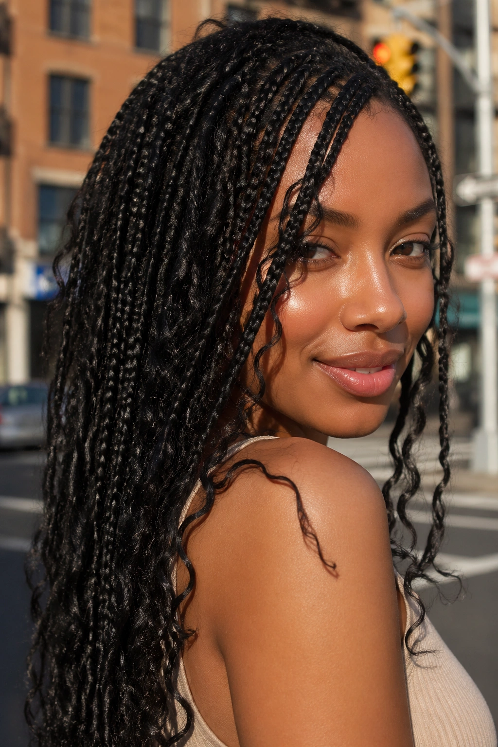 Close-up portrait of a real person with mini goddess box braids